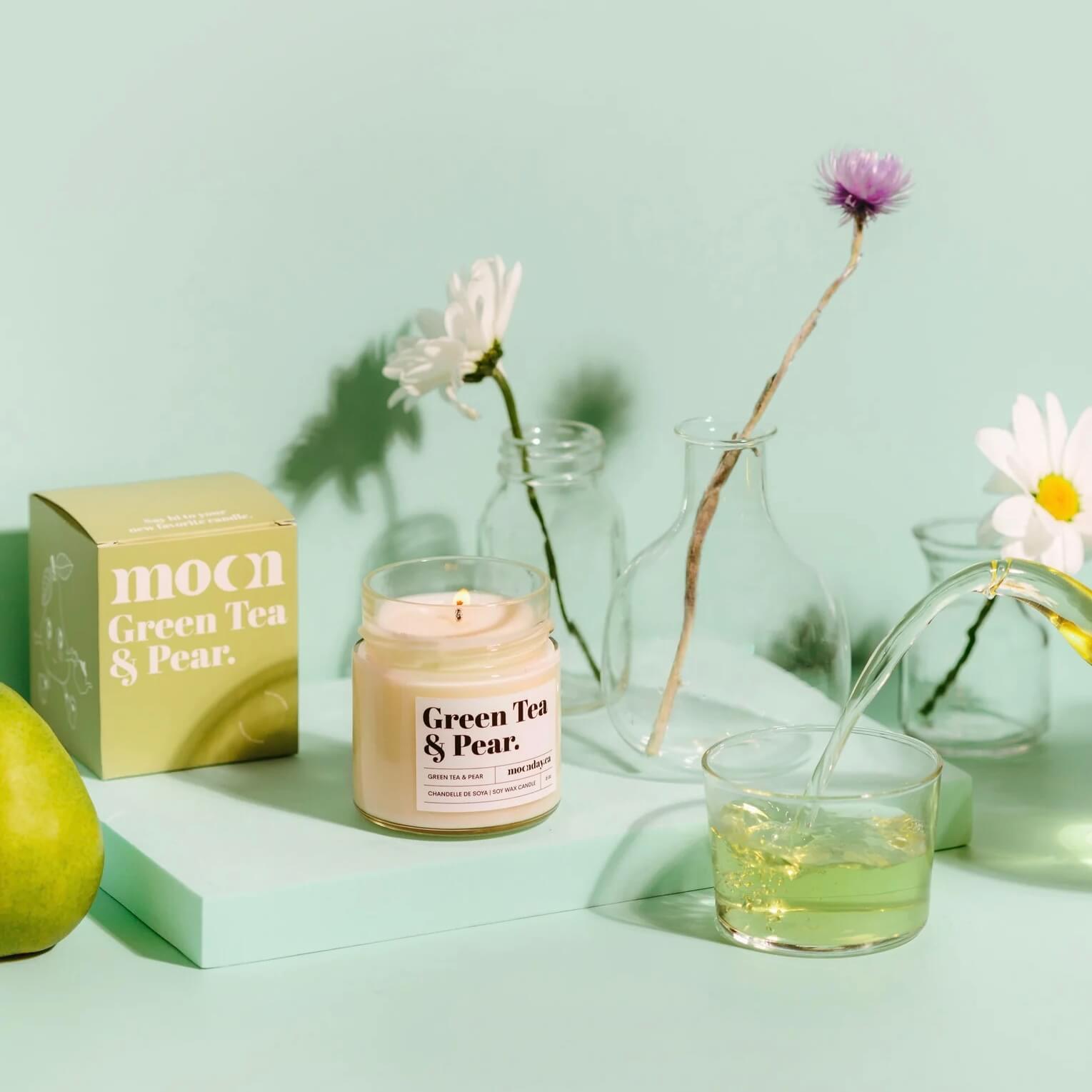 chandelle bougie cire soya naturelle thé vert poire 190g compagnie québécoise