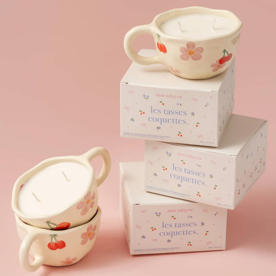 Chandelle bougie tasse coquette moonday cire soya coton frais fleur cerisier