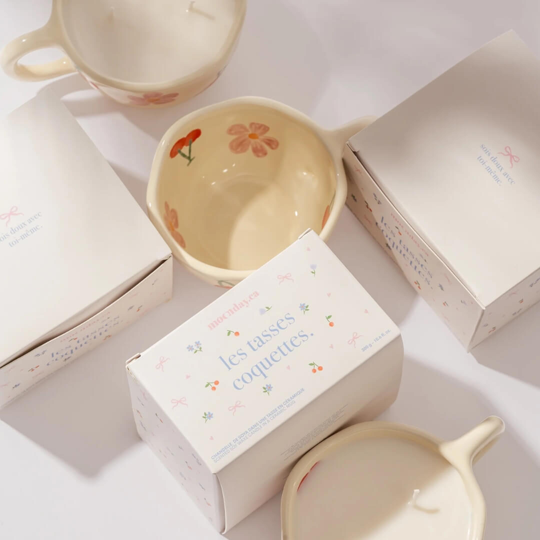 Chandelle bougie tasse coquette moonday cire soya coton frais fleur cerisier